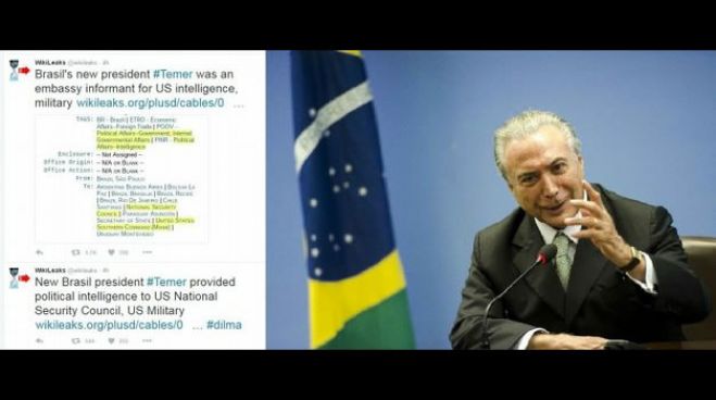 O perfil oficial do Wikileaks em redes sociais divulgou documentos que citam Michel Temer